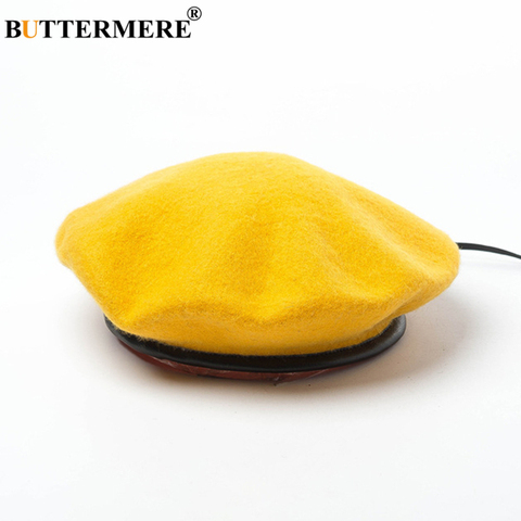 BUTTERMERE French Beret Women Autumn Winter Wool Leather Female Japanese Beret Vintage Blue Yellow Purple Green Womens Felt Cap ► Photo 1/6