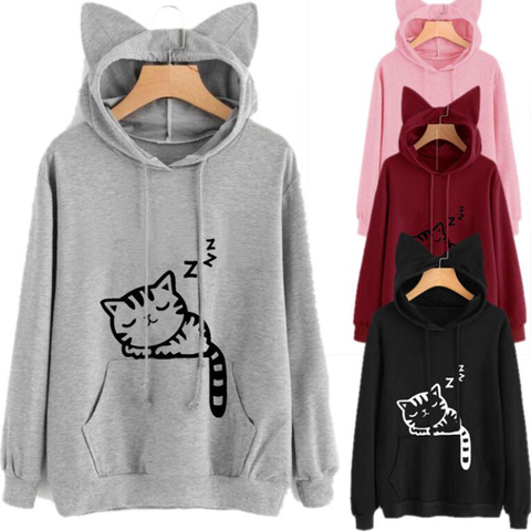 Sweatshirt Cartoon Pullover Sleep Cat Pattern Print Hoodie School Poleron Mujer 2022 Korean Streetwear Hoodie Cat Ear Women Cute ► Photo 1/6