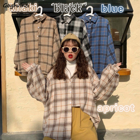 Women Blouses Turn-down Collar Spring Shirts Plaid All-match BF Batwing-sleeve Loose Outwear Harajuku Female 4 Colors Chic New ► Photo 1/6
