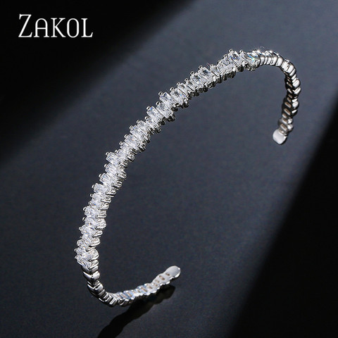 ZAKOL Fashion Black Cubic Zirconia Bracelet Bangle Trendy Baguette Cuff Bangles For Women Girl Party Wedding Jewelry FSBP154 ► Photo 1/6