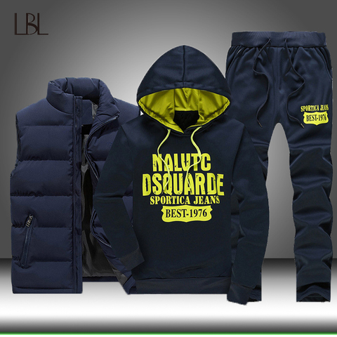 Men Clothing Sets Tracksuit 3PCS Set Hoodies+Vest+Pants Male Winter Thicken Letter Print Set Sports Suit Jogger Streetswear Suit ► Photo 1/6