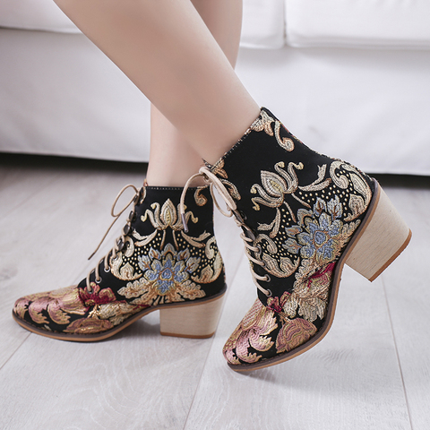 Big Size boots women Embroidery Flower Med Heel Ankle Boots Comfort Autumn Winter Ankle Boots Brand Designer Short Booties ► Photo 1/6