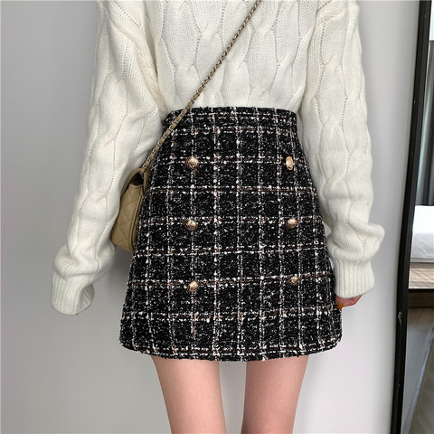 Tweed Half-length Skirt for Women In Autumn Spring 2022 New Korean White Black Chic Short Skirt with High Waist Hip ► Photo 1/6