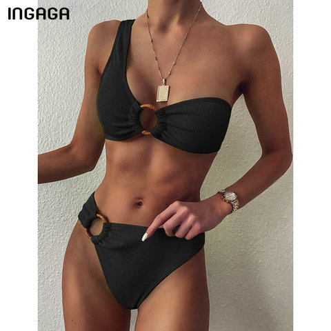 INGAGA Sexy One Shoulder Bikinis Swimsuits Black High Waist Swimwear Women 2022 Ribbed Biquini Rings Beachwear Brazilian Bikini ► Photo 1/6