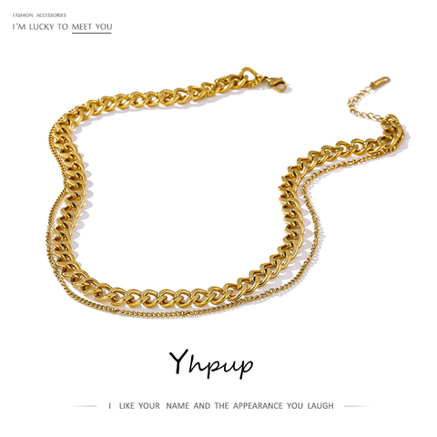 Yhpup 316 Stainless Steel Double Layer Necklace 2022 Choker Collar Statement Fashion Charm Golden Necklace for Women 2022 ► Photo 1/6