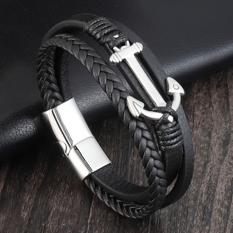 Punk Stainless Steel Anchor Bracelets Genuine Leather Bracelet & Bangles for Men Jewelry Black Color Fashion Gift ► Photo 1/6