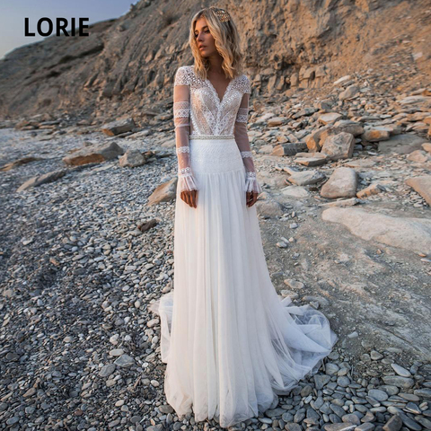 LORIE Beach Bohemian Wedding Dresses V Neck Long Sleeves Lace Appliques  Dream Bridal Gowns Boho A Line Princess Gowns Plus Size - Price history &  Review