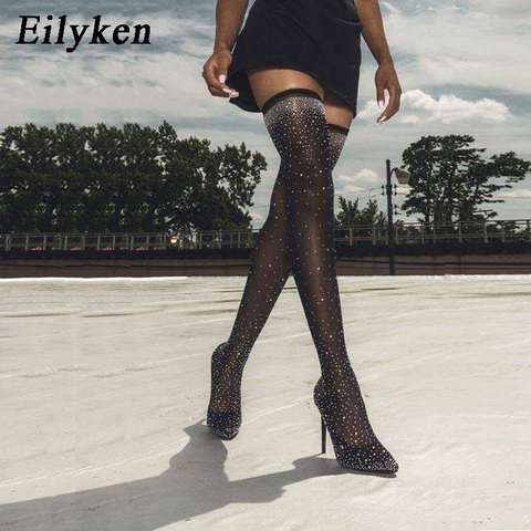 Eilyken 2022 Fashion Runway Crystal Stretch Fabric Sock Boots Pointy Toe Over-the-Knee Heel Thigh High Pointed Toe Woman Boot ► Photo 1/6