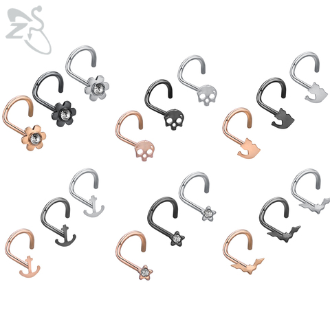 ZS  1PC 6 Styles Punk Cat Bent Nose Stud With CZ Women's Skull Crystal Septum Piercing Surgical Hook Nostril Piercings Jewelry ► Photo 1/6