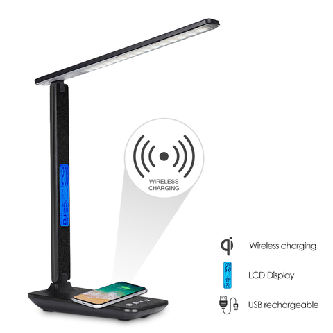 Hot LED Table Desk Lamp 5W QI Wireless Charging with Calendar Temperature Alarm Clock Eye Protect Read Light Table Lamp ► Photo 1/6