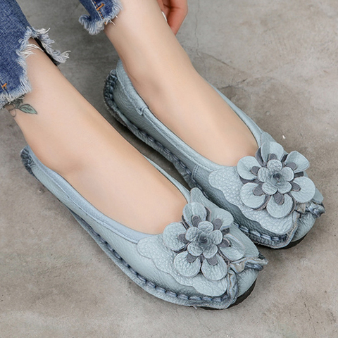 Ethnic Women Loafers Genuine Split Leather Flat Heels Flower Round Toe Soft Solid Sandals Platform Ladies Shoes Zapatos De Mujer ► Photo 1/6