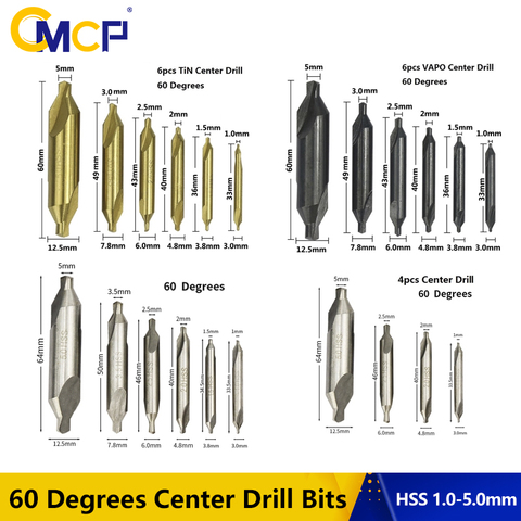 60 Degrees HSS Center Drill Bit Set 1mm 1.5mm 2mm 2.5mm 3mm 3.5mm 5.0mm Countersink Drill Bit TiN Coated Combined Center Drills ► Photo 1/6