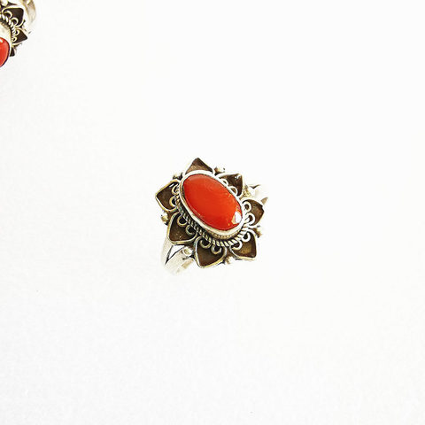  Nepal 925 Silver Inlaid Natural Coral Ring for Lady Vintage Rings T9186 ► Photo 1/4