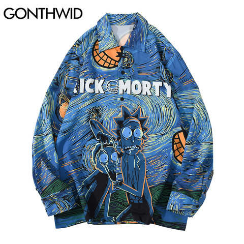 GONTHWID Anime Cartoon Print Long Sleeve Shirts Streetwear Mens Hip Hop Casual Harajuku Holiday Beach Party Blouse Hawaiian Tops ► Photo 1/6