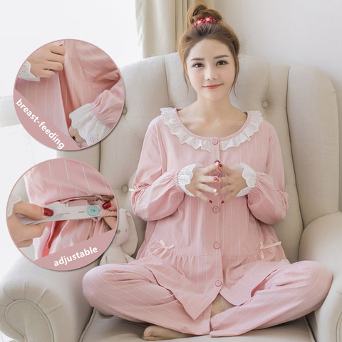 Sweet Maternity Nursing Nightwear Pink Cotton Breastfeeding Sleepwear For Pregnant Women Autumn Pregnancy Pajamas Night Wear Set ► Photo 1/6