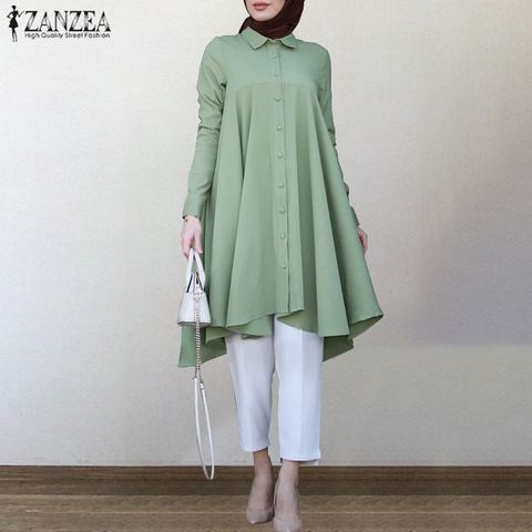 ZANZEA Muslim Asymmetrical Shirts Women's Autumn Blouse 2022 Casual Retro Long Sleeve Turkish Shirts Solid Islam Clothing Robe ► Photo 1/6
