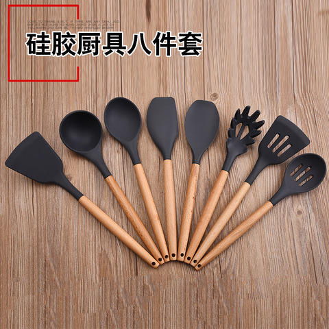8-piece silicone kitchenware set with wooden handle nonstick silicone spatula kitchen tool silicone cooking kitchenware set ► Photo 1/5
