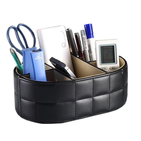 Desktop Faux Leather Organizer Wooden Stationery Remotes Storage Box Pencil Pen Holder Case For School Office Suppliers-Black ► Photo 1/1