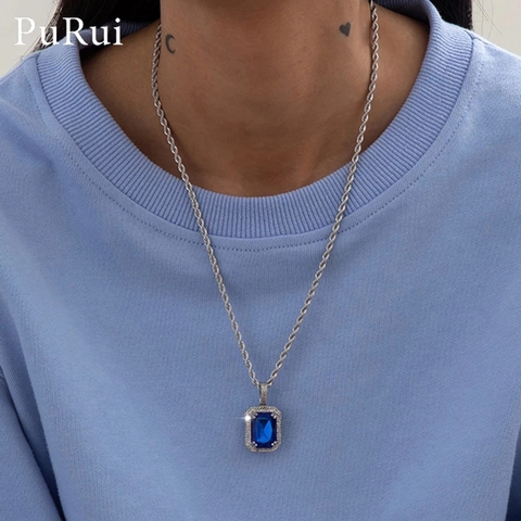 2022 Blue Rhinestone Pendant Necklace Stainless Steel Twisted Chain Hip Hop Necklace for Men Women Enamel Femme Collier Necklace ► Photo 1/6