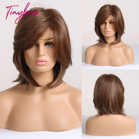 TINY LANA Synthetic Hair Bob Wig with Side Fringe Mixed Brown Color Natural Hairline Heat Resistant Work Party Wig for Women ► Photo 1/6