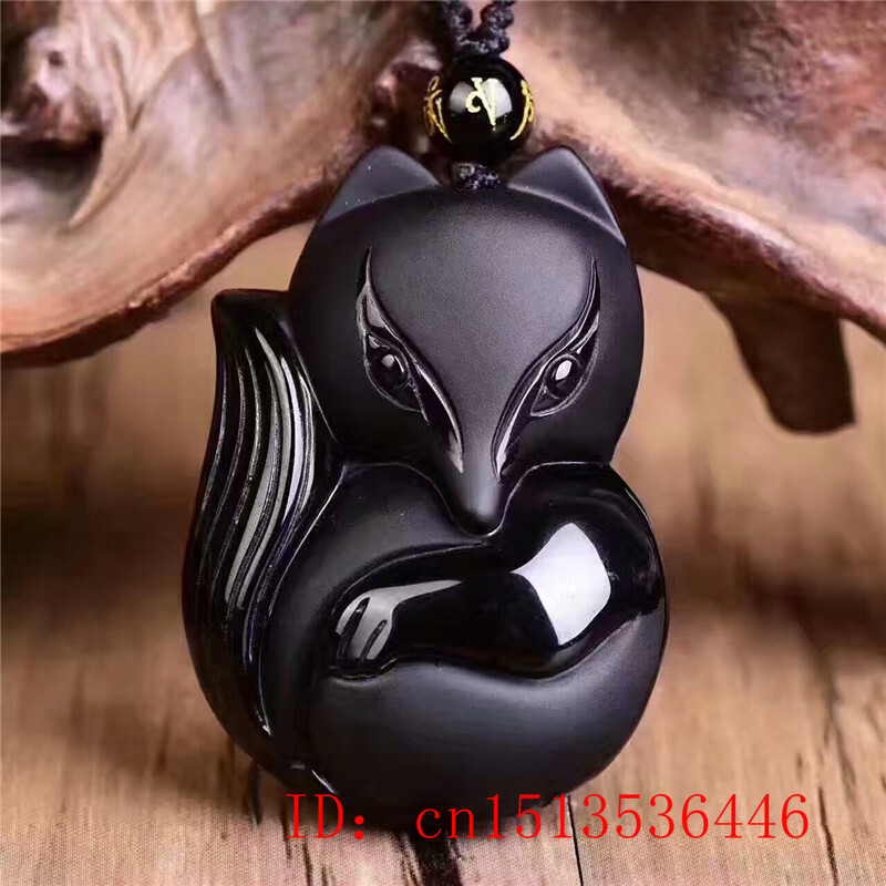 Natural Obsidian Pendant Hand Carved Fox Chain Lucky Amulet Pendant Necklace