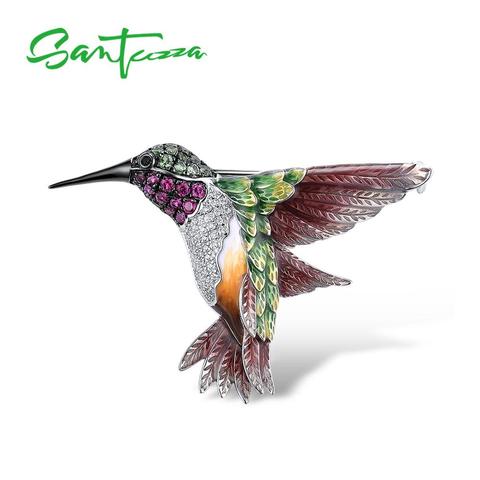 SANTUZZA Silver Brooch For Women Pure 925 Sterling Silver Colorful Hummingbird Animal Trendy Fine Jewelry Handmade Enamel ► Photo 1/6