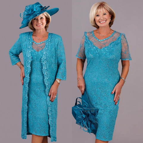 Turquoise Lace Mother of the Bride Dresses 2022 with Wrap Plus Size Tea Length Wedding Party Gowns Vestidos De Novia Madrinha ► Photo 1/4