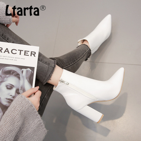 LTARTA 2022 Autumn Women Mid Calf White Point Toe Boots High Heels Fashion Booties Women's Boots White for ladies ZL-QS048 ► Photo 1/6