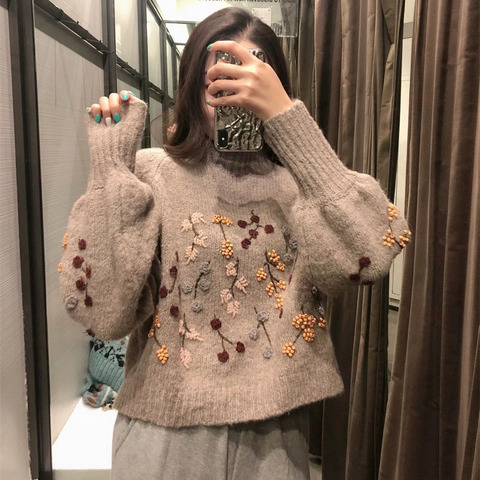 Women's Vintage Korean Long Sleeve Pullover Chic Flowers Beaded Fashion Harajuku Knitted  Sweater Keeps Warm  Autumn and Winter ► Photo 1/6