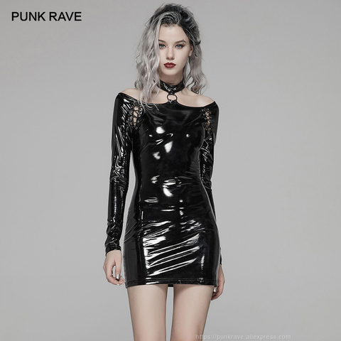 PUNK RAVE Women's Punk Halterneck Bright PU Over Hip Dress  Goth Personality Party Club Stage Performance Mini Women Dress ► Photo 1/6