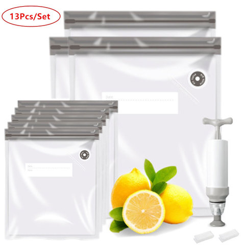 13Pcs/Set Gray Bag Kits Reusable Food Vacuum Seal Bags With Hand Pump Bag Sealing Clips Food Wrap For Food Storage Freezing ► Photo 1/6