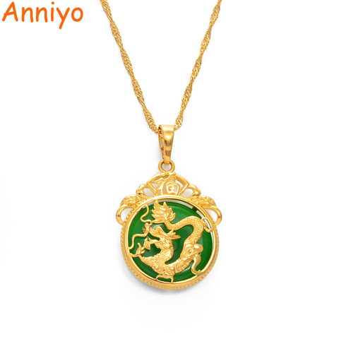 Anniyo Green Stone Dragon Pendant Necklaces Women Amulet Chinese Culture Style Elements Necklace Jewelry New Style #072204 ► Photo 1/6