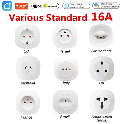 16A Tuya WIFI Plug Smart life Socket Outlet UK EU AU Brazil FR Israel IT Plug APP Remote Control Work For Alexa Google Assistant ► Photo 1/6