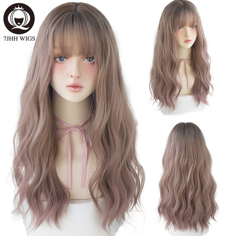 7JHH WIGS Harajuku Pink Brown Lolita Wig Long Two Colors Realistic Cosplay Wigs With Bangs For Women Wavy Wigs Synthetic Hair ► Photo 1/5