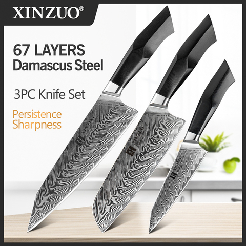 XINZUO 3PCS Kitchen Knives Set G10 Handle 67 layers High Carbon VG10 Damascus Steel Super Sharp Blade Vegetable Meat Fruit Knife ► Photo 1/6