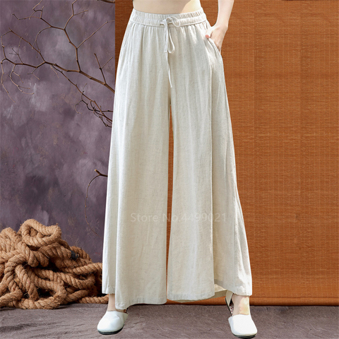 Wide Leg Linen Pants Women Traditional Chinese Clothing Yoga Tai Chi Uniform Breathable Solid Color Leisure Trousers Sportswear ► Photo 1/5