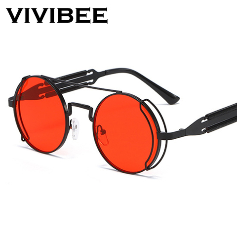 VIVIBEE Steampunk Sunglasses Men Round Red Lens Punk Sun Glasses Black Metal Gothic Style 2022 New Products Women UV400 Shades ► Photo 1/6