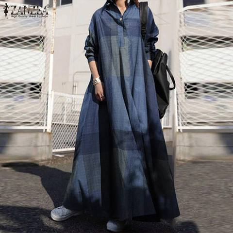 Autumn Sundress ZANZEA Vintage Plaid Checked Long Shirt Dress Robe Women Lapel Neck Long Sleeve Kaftan Vestido Femme Plus Size ► Photo 1/6