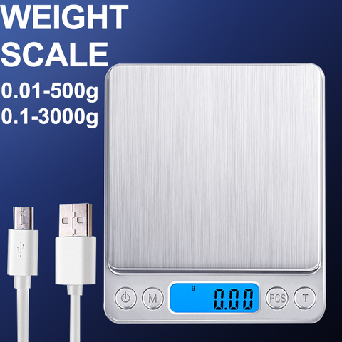 High Precision 0.01-500g 3000g Electronic Digital Scale Portable LCD Mini USB Pocket Scale Kitchen Jewelry Weight Balance Tools ► Photo 1/6