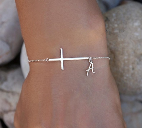 Sideways Cross Bracelet with Dainty Initial -  Initial Bracelet In Silver Plated ► Photo 1/2