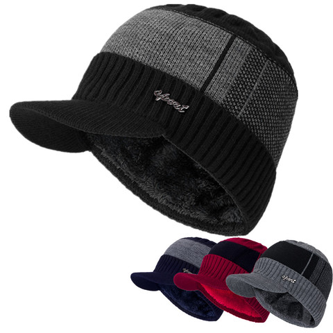 New Unisex Warm Winter Hat With Brim Add Fur Lined Beanie Hat Sports Label Thicken Winter Hats For Men Women Knitted Hat ► Photo 1/6