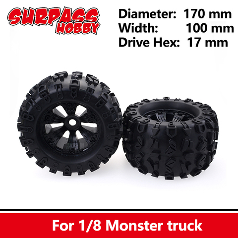 SURPASS HOBBY 2PCS 170MM 1/8 Monster Truck Wheels Tires 17mm Hex Wheel for RC Axial SCX10 Savage XL MOUNTED GT FLUX HSP HPI ► Photo 1/6