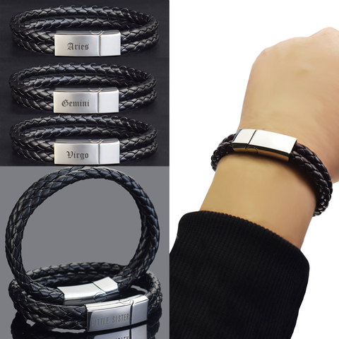 12 Constellation Zodiac Sign Black Braided Leather Bracelet Cancer Leo Virgo Libra Woven Jewelry Punk Men Bracelet Jewellery ► Photo 1/6
