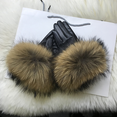 Real Raccoon Fur Gloves Women's Genuine Leather Gloves Fox Fur Big Raccoon Fur Sheepskin  Gloves Female Winter Velvet Warm Touch ► Photo 1/6