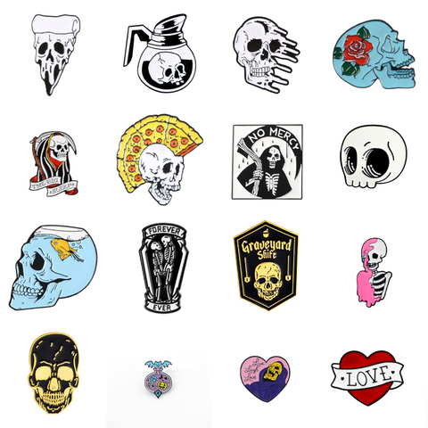 Cartoon Fun Pizza Hairstyle Skull Enamel Pins Punk Skeleton Button Badges Fashion Jewelry for Friends Backpack Shirt Accessories ► Photo 1/6