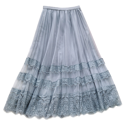 Spring Summer Long Skirt Women Clothing 2022 New Flower Embroidered Lace Mesh Skirts Sweet Pleated Tulle Skirt Faldas Saias ► Photo 1/6