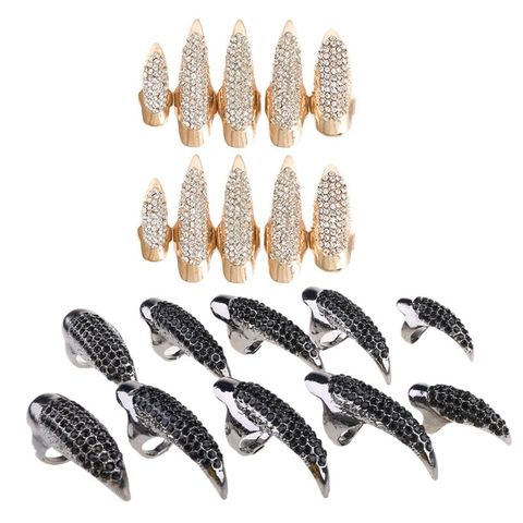 10 PCS Halloween Costume Claws Fake Nails Ring Set, Gothic Punk 3 Sizes Crystal Full Finger Rings Paved Paw Bend Fingertip Finge ► Photo 1/6