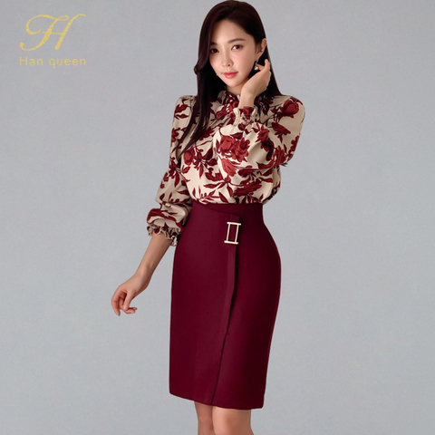 H Han Queen Women 2022 Spring Sexy Print Fashion Casual OL Work Wear 2 Pieces Set Sheath Pencil Bodycon Suit skirt ► Photo 1/6