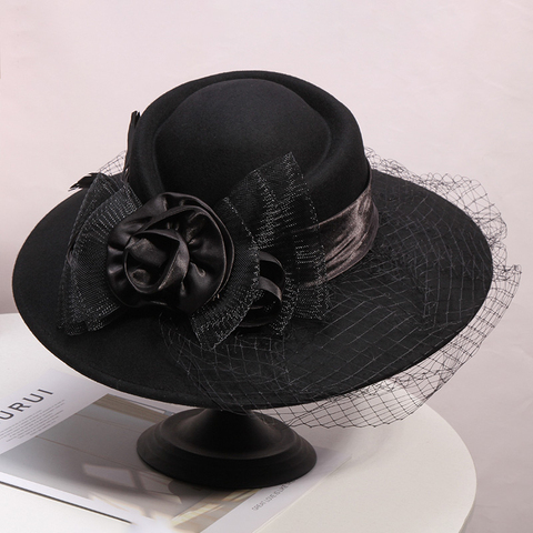 Veil Black Women Winter Fedora 100% Australian Wool Cloche Hats Female Wide Brim Felt Hat Ladies Bowknot For Church Caps 56-58cm ► Photo 1/5