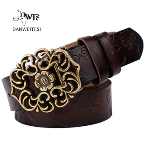 [DWTS]Women Belt Vintage Leather Belt Women Genuine Cow skin Fashion Floral Curved Buckle Belts For Women Top Quality Accessory ► Photo 1/6